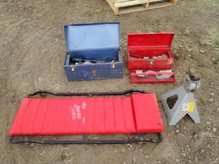 (1) 20in X 8in X 9in Tool Box And (1) 16in X 6in X 6in Tool Box C/w Contents, Shop Creeper And 6-Ton Jack Stand