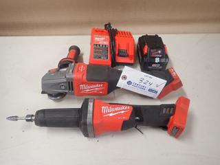 Milwaukee 18V 4 1/2in - 6in Grinder C/w Milwaukee 18V 2in Die Grinder, M18 Battery And M12/M18 Charger