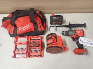 Milwaukee Fuel 18V 1/2in Hammer Drill C/w Milwaukee 18V 5in Random Orbital Sander, M18 Battery, Milwaukee Bag And Incomplete Drill Bit Set *Note: No Charger*