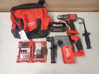 Milwaukee Fuel 18V 1/2in Hammer Drill C/w (1) Milwaukee 18V 1in Rotary Hammer, M18 Battery, Milwaukee Bag And Incomplete Milwaukee Drill Bit Set *Note: No Charger*
