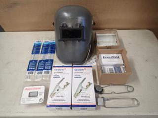 Welding Helmet, Filter Plates, Marking Chaulk, (3) Ground Clamps, Brazing Welding Rods And Misc Welding Supplies