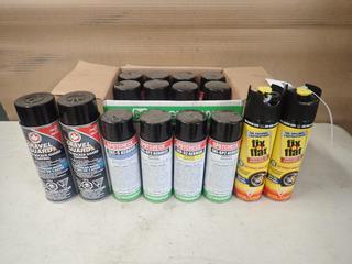 Qty Of (12) Cans Of Assorted Types Of Aerosol  C/w (2) Cans Of Gravel Guard And (2) Cans Of Fix Flat Paint