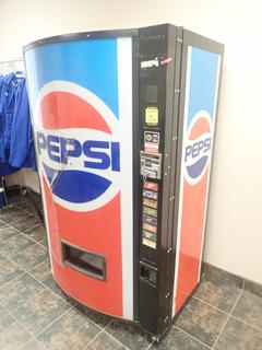 Vendo V345 115V Single Phase Pepsi Vending Machine. SN 9DF000101 *Note: Damage To Front*