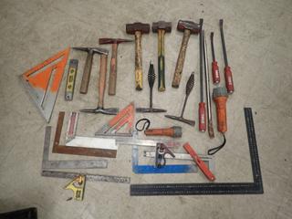 Flash Light, (3) Sledge Hammers, Pry Bar, Squares, Chipping Hammers And Assorted Hand Tools