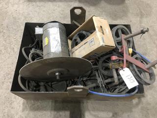 Crate of Assorted Chain Driven Wheels, Pulling Lift Cables & 15 HP Saw Motor w/20 1/2" Blade.