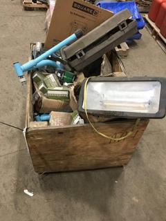 Crate of Assorted Items c/o Heat Lamp, Electric Panel Cover, Bushings, Tarp & 1 1/4" Drill Press w/Drill Bits.