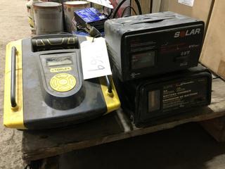 Stanley 25 Amp Battery Charger, Solar 612V Charger, Schumacher 6/12 Volt Charger.