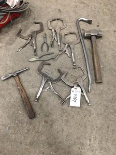 Assorted Clamps, Chipping Hammer, Pry Bar & Pliers.