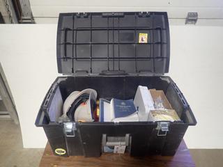 31in X 18in X 14in Storage Container C/w Hard Hats, Safety Glasses, Ear Protection, Gloves, Air Horn, Vest, Caution Tape, First Aid Kit And Misc Supplies