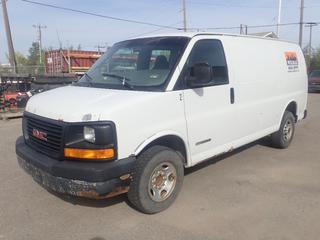2004 GMC Savana G23405 Cargo Van C/w 4.8L V8 Vortec, A/T, 8600lb GVWR And 225/75 R16 Tires. Showing 249,897kms. VIN 1GTGG25V841194884 *Note: Vehicle Comes With Maintenance Records.  Rips In Driver Seat, Paneling Removed From Cargo Interior Walls/Roof, Rust On Passenger Doors, Rear Door, Front Bumper And Hood*