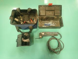 Tool Bag C/w Glue Gun, Bosch 120V Oscillating Tool, Ratchets, Extension And Toolbox