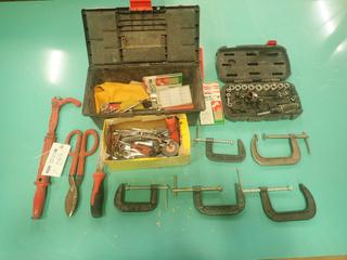 Qty Of C-Clamps, Wrenches, Sockets, Screwdrivers, Tin Snips And Assorted Tools