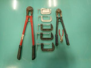 Qty Of C-Clamps C/w (2) Bolt Cutters