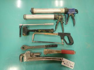 (2) Caulking Guns, Ratchet, Ridgid Pipe Wrench And Assorted Hand Tools