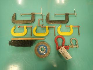 (2) Fuller 6in C-Clamps C/w (3) Forged Steel 3in C-Clamps, (2) Shackles And Misc Supplies