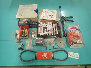Caulking Gun, Clamp, V-Belt, Seamfil, Bearings, Bits, Powerfist 4in Stop/Turn/ Tail Light And Misc Supplies
