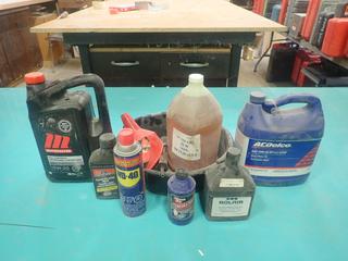 Qty Of 30W Pump Oil, WD40, Diesel Motor Oil, Funnel, Air Compressor Oil, Brake Fluid And 5W20 Oil
