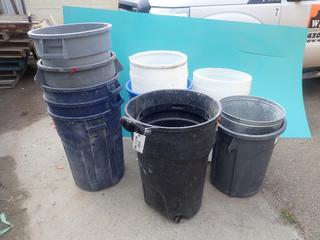 (2) 100L Plastic Barrels C/w Qty Of Garbage Cans