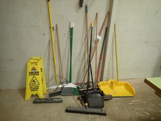 Qty Of Brooms C/w Dust Pan, Dust Mop And (2) Wet Floor Signs