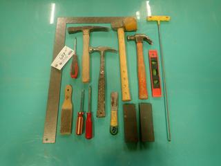 Qty Of Hammers C/w Level, Square, Screwdrivers And Sharpening Stones