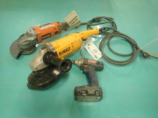 Dewalt DWE4517 120V 7in Angle Grinder C/w Ryobi P231 1/4in 18V Impact Driver And Ridgid R1020 120V 7in Angle Grinder *Note: Dewalt Grinder Needs Switch, Ryobi Impact Working Condition Unknown, Ridgid Needs Guard*