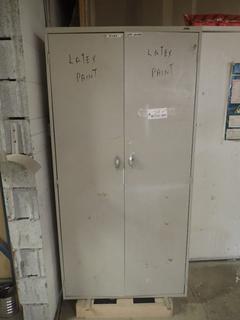3ft X 18in X 6ft 2-Door Storage Cabinet C/w Assorted Spray Paints, 3 In 1 Oil, WD 40 And Misc Supplies
