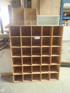 4ft X 14in X 58in 30-Compartment Storage Unit C/w (2) Storage Units *Note: Has Some Damage, Buyer Responsible For Load Out*