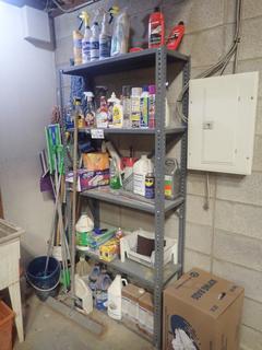 5-Tier Shelving Unit C/w Cleaning Supplies, Mops, Dust Mops, Garbage Bags And Misc Cleaning Supplies