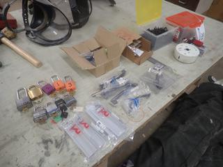 Qty Of Locks w/ Keys, Screws, File, Hole Saw Bits, Door Handles, 2 1/2in Carbide Tipped Saw Bit And SeamFil Plastic Seam Filler