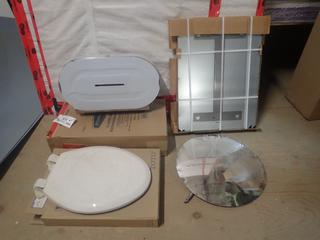 (1) Double Roll Toilet Paper Holder C/w (1) Convex 18in Mirror, (1) Soft Close Toilet Seat And (1) 18in X 24in Mirror