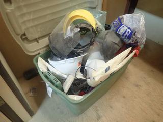 Storage Tote C/w Hard Hats, Face Shields, Dust Mask And Assorted Supplies