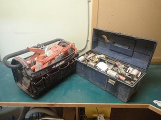19 1/2in X 10in X 8in Husky Tool Bag C/w Toolbox, Screws, Water Fittings, Sand Paper, Clamps, Allen Keys, Caulking Guns, Torch Kit And Misc Supplies