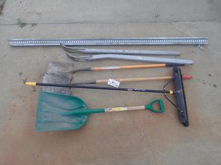 (2) Floor Scrapers, (2) Square Top Shovels, (1) Snow Shovel, Sign Post And (1) Broom