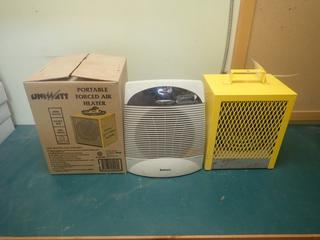 (1) Used And (1) Unused Uniwatt Caloritech 4800W 240V Portable Forced Air Heaters C/w Holmes 120V Heater