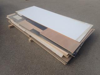 Qty Of (3) Sheets Of 3/4in Melamine, (2) Sheets Of Maple Laminated Particle Board C/w Assorted Pieces Of Black Melamine And Alder