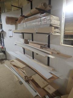 Qty Of Scrap Wood, Door Moldings, Strapping, Hard Wood Flooring, Rubber Baseboard, Real Wood Veneer Walnut And Misc Supplies