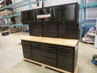 Unused 72 In. Black/Stainless Tool Chest with 15 Drawers, 3 Cabinets and Pegboard, 72 In. W x 18 In. D x 73.6 In. H, 6 In. Casters, Model HTC7218BS-G