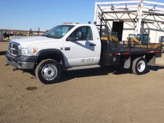 2010 Dodge Ram 5500 HD SLT 4X4 Dually Flat Bed Truck c/w 6.7L, Diesel, A/T, Showing 284,767 Kms, Ball Hitch, 11 Ft Deck, Fold Down Sides, VIN 3D6WD7EL6AG117356 *Note: Damage To Right Side Front Fender*