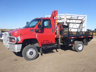 2008 GMC C5500 4X4 Flat Bed/Crane Truck c/w Duramax Diesel, A/T, Showing 232,038 Kms, 2007 Amco Veba V706 Folding Crane, SN 21086,  9 Ft. 4 In. Bed w/ Flip Over 5th, Fold Down Sides, Side Storage, VIN 1GDE5C3908F401751 *Note: Motor Replaced Within Last 13,000 Kms As Per Consignor, See Documents Tab For Work Order, Drivers Door Panel Damaged*