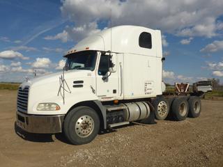 2009 Mack Pinnacle CXU613 T/A With Air Lift Axle Truck Tractor c/w MP8 485 HP Diesel, 13 Speed Manual, Showing 903,471 Kms, 221 In. W/B, 11R22.5 Front Tires at 75%, Rears at 80%, Lift Axle 255/70R22.5, Sliding 5th Wheel, Roadking 2-Way Radio and Headset, CVIP 05/2022, VIN 1M1AW07Y39N006373 *Note: recent work and new parts include all new airbags, brakes, hoses and belts. New cab air ride shocks, bags and controls. New steady bearing, shocks and ride height controls. Lift axle has new airbags, tires and service. Cab includes new; CB and Bluetooth headset, mattress, 400w power inverter, drivers air ride seat, safety equipment, microwave, oven, radio, vacuum. Webasto heaters and controller. 400k left on manufacturer transmission warranty. All fluids recently changed and services, As Per Consignor - See Work Order In Documents Tab* 