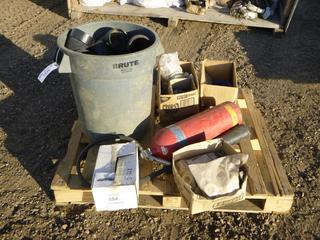 Pallet Containing  Garbage Can  w/ Plumbing Fixtures, CO2 Extinguisher, Ballasts. TV Mount. Plastic Washer, Misc. Box