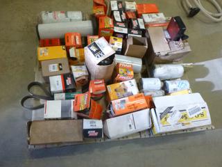 Pallet of Fuel, Oil, Air Filters, C/w (1) Belt and (1) Signal Light, (1) Tote Included (T-2-3)