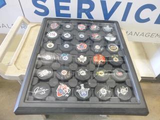 Wall Frame of 30 Autographed Hockey Pucks Including Cam Talbot, Darnell Nurse, Marty McSorley, Sam Reinhart and Many Others (Upstairs)