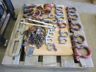 Qty of Shackles, Multi Pull Sizes, Plus Other Assorted Devices, (1) 1 1/2 Ton Come-A-Long, (1) 3/4 Ton Come-A-Long, (2) Small Bottle Jacks