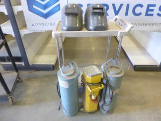 (3) Portable Rod Ovens, (2) Welding Helmets * Note: Helmets are Missing Some Parts* (E-2)