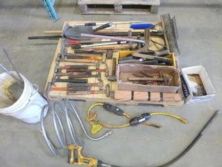 Qty of Assorted Tools, Includes Hammers, Wire Brushes, Chipping Hammers, Squares, Broom, Rake and More (K-3-2)