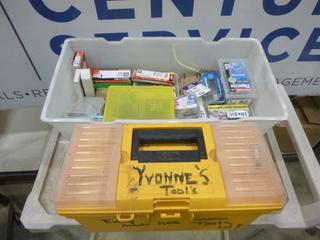 Tool Box c/w Contents Including Screw Drivers, Hammer, Pliers, Tape Measure w/ Tub of Assorted Screws and Nails (E2)