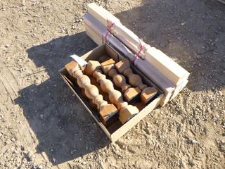 Qty of Unused Wooden Spindles (10) 2 3/8 x 2 3/8 x 36 In., Qty of Used Wooden Spindles: (4) 3 3/8 x 3 3/8 x 18 In., (4) 3 3/8 x 3 3/8 x 12 In., Qty of (5) 1 3/47 x 1 3/4 x 6 In. Wooden Legs
