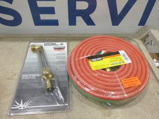 Unused 25 Ft. of 1/4 In. Oxy/Ace Cutting Hose and Unused Century Cutting Attachment (D1)