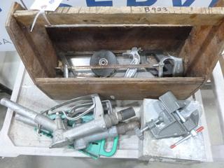 Assorted Tools Including Hacksaws, Saw, Gas Pump Nozzles, Electrical Box, Small Bench Vise, 50 Ft. Tape, Wrench Holder and Tool Box (L12)